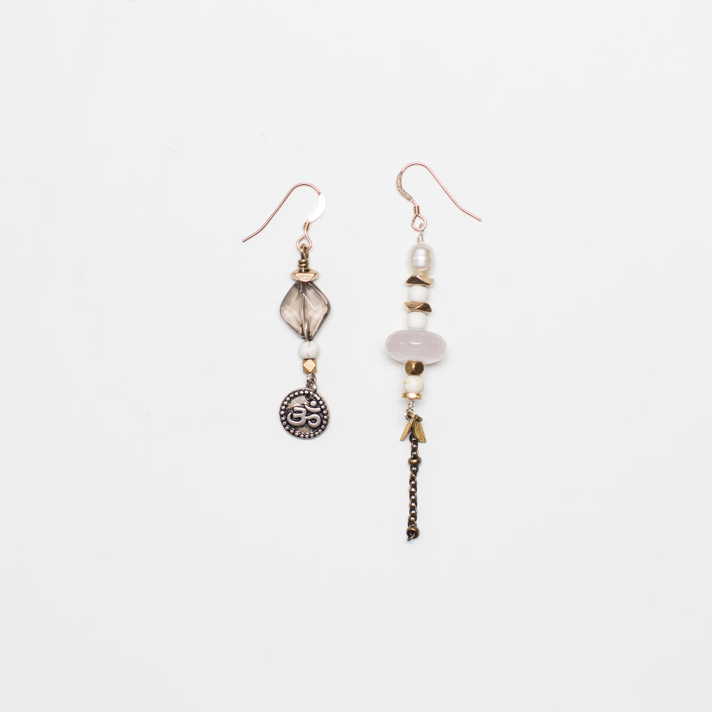 Gold Earrings with Om, Pearl and Pink Rose & Smoky Quartz Gemstone in Mismatch Style