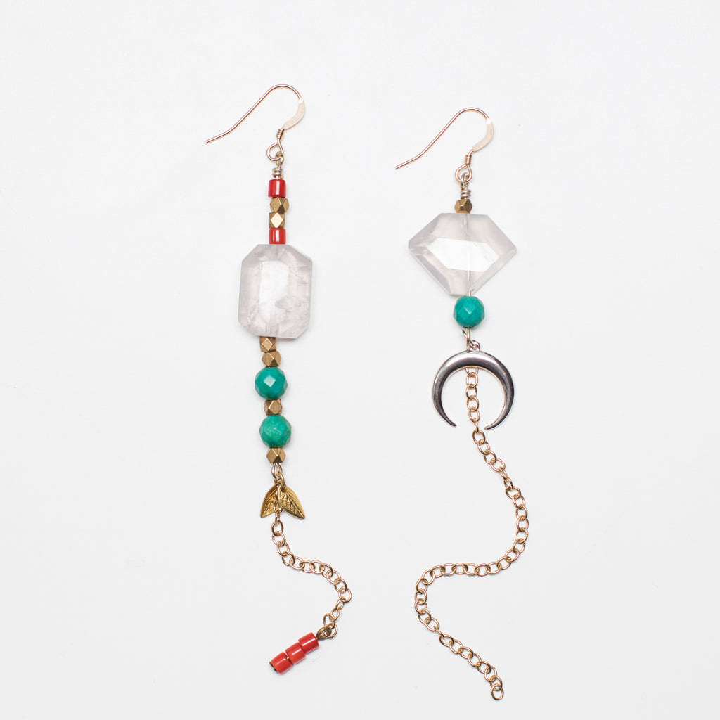 Gold Earrings with Moon, Turquoise, Red Coral and Pink Rose Quartz Gemstone in Mismatch Style