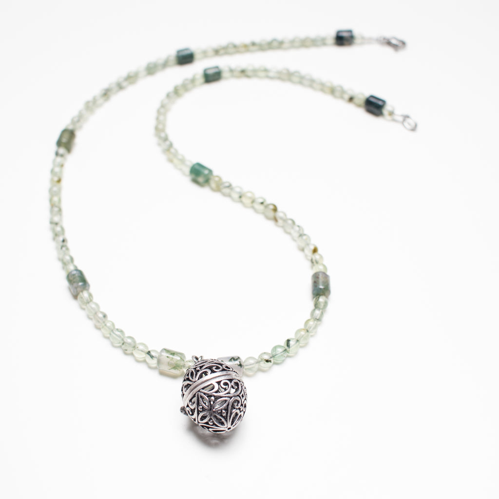 Silver essential oil or ash Locket Pendant Necklace, Green Prehnite and Moss Agate Gemstone in Short Style. Used for Aromatherapy or putting ashes in for a dog or cat. 
