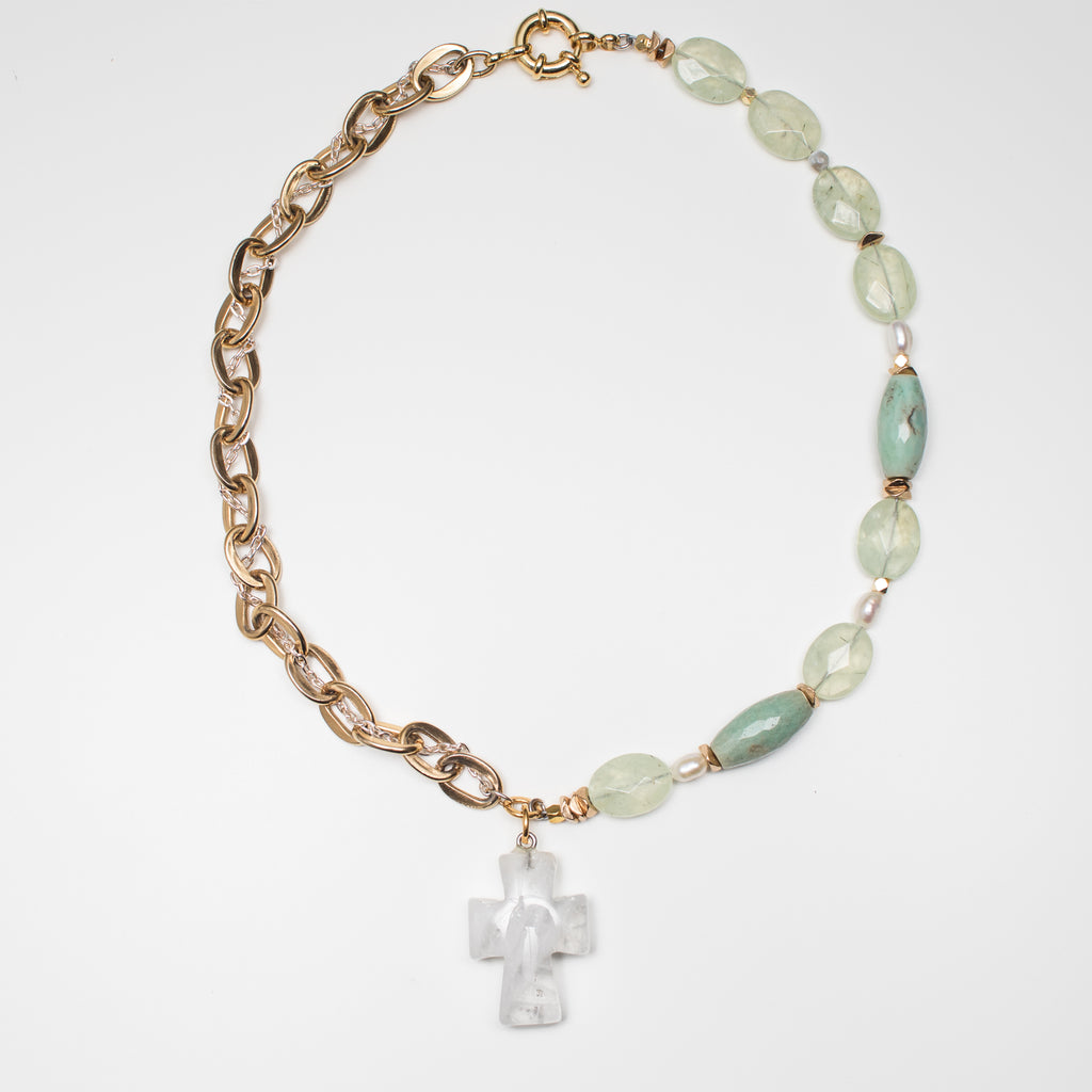 Gold Necklace with Milky Quartz Cross Pendant, Cream Pearl and Light Green Prehnite Gemstone in Short Style