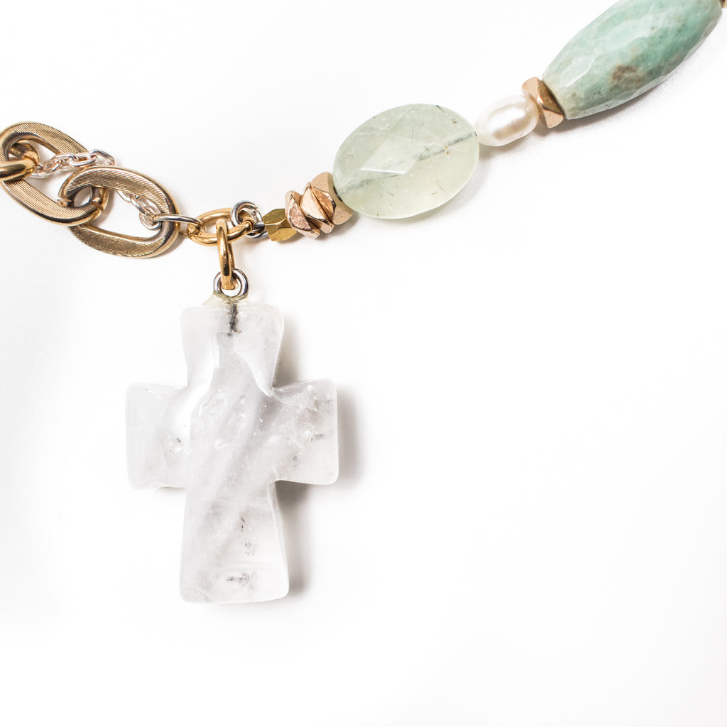 Gold Necklace with Milky Quartz Cross Pendant, Cream Pearl and Light Green Prehnite Gemstone in Short Style