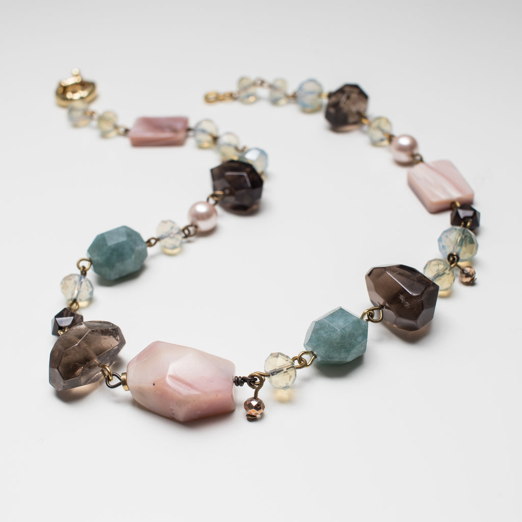 Gold Necklace with Smoky Quartz and Multi Colour Gemstone in Short Style
