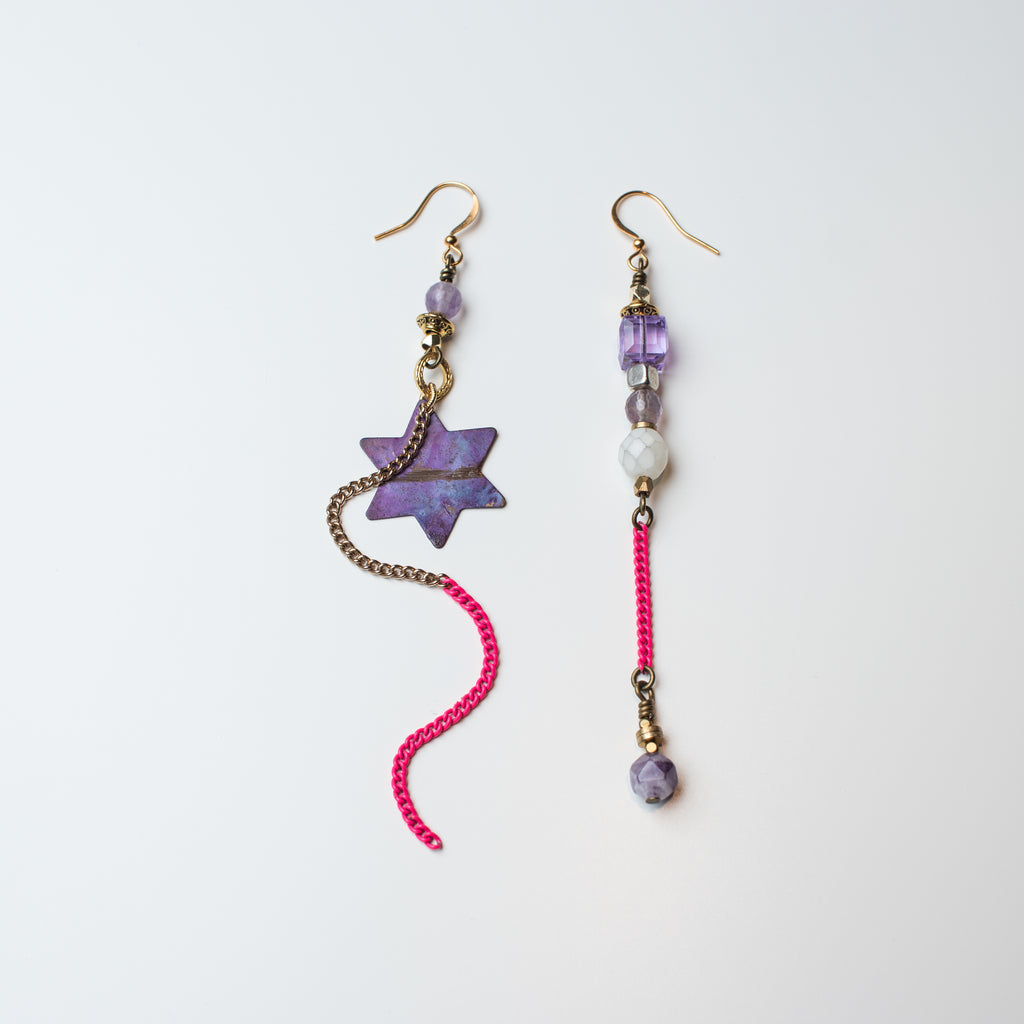 Gold Earrings with Star, Mauve Crystal and Purple Amethyst  Gemstone in Mismatch Style