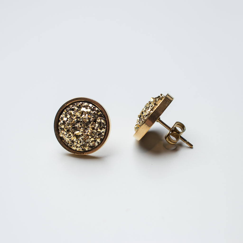 Gold Stud Earrings with Gold Resin Druzy 