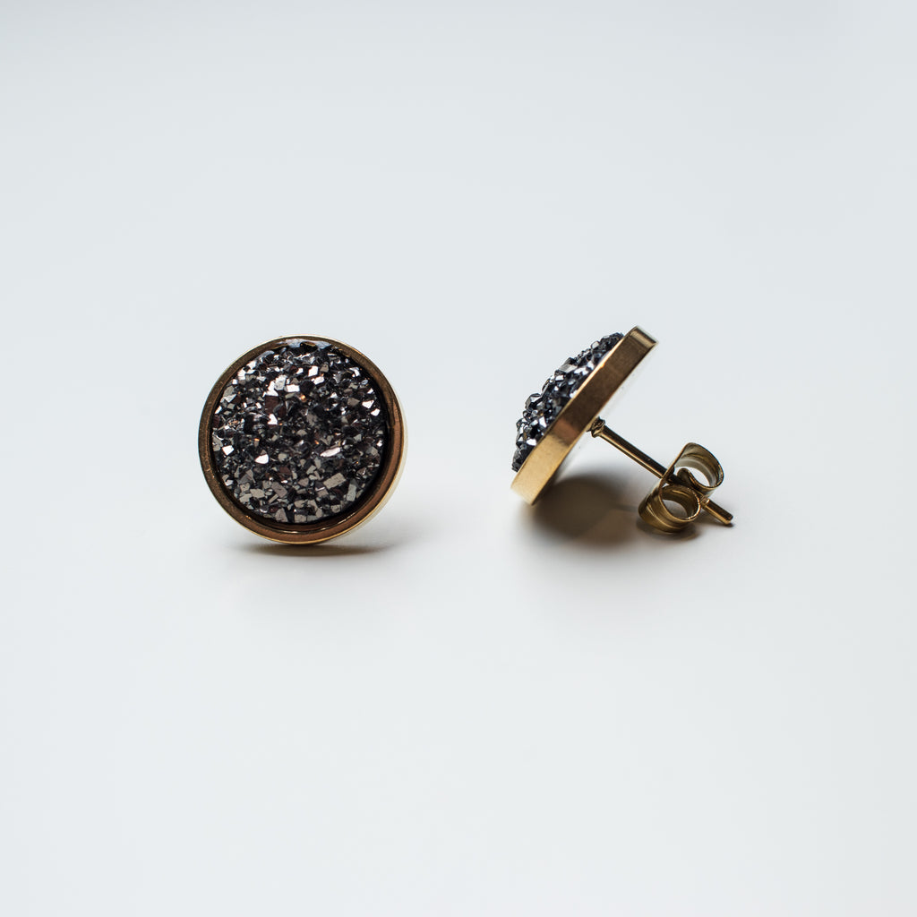 Gold Stud Earrings with Charcoal Resin Druzy 