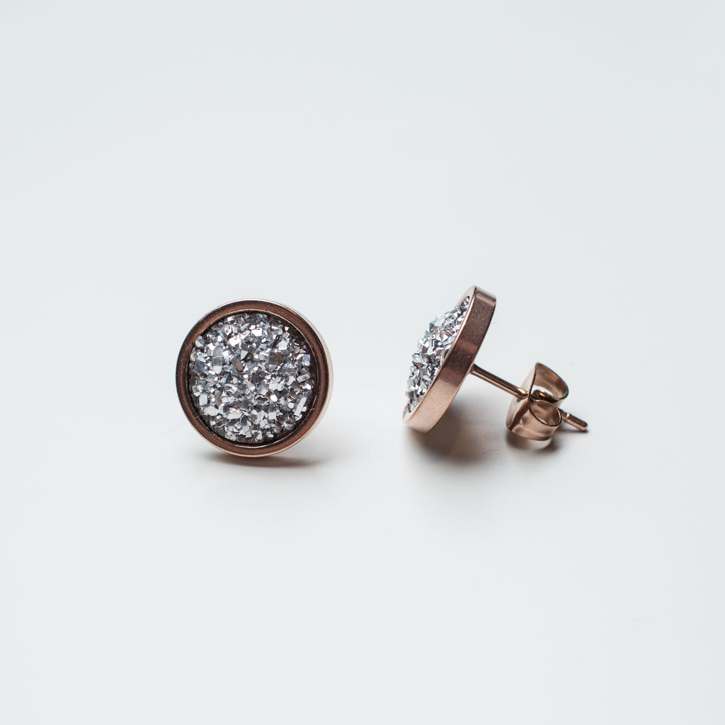 Rose Gold Stud Earrings with Silver Resin Druzy 