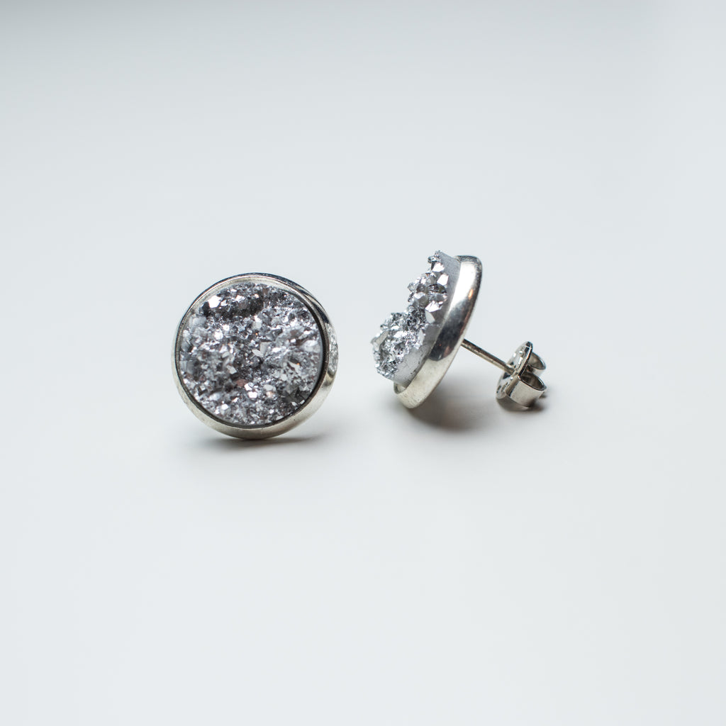 Silver Stud Earrings with Silver Resin Druzy 