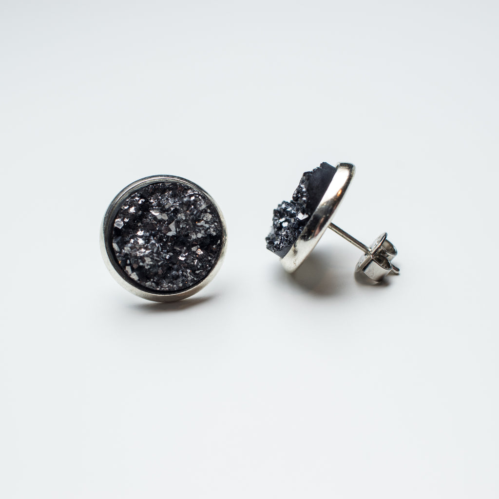 Silver Stud Earrings with Charcoal Resin Druzy 