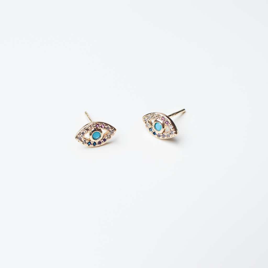 gold eye stud earring with blue and multi colour zirconia  