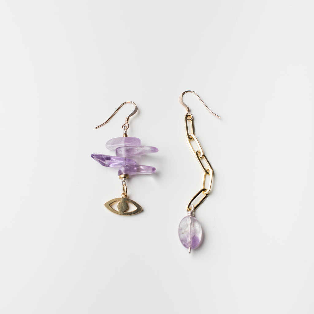 Gold Earrings with Eye Charm and Purple Amethyst Gemstone Mismatch Style amuletta amulet amulette style jewelry jewellery, handmade bespoke bohemian boho quality.
