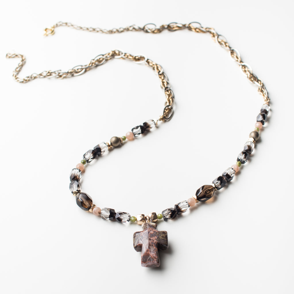 Gold Necklace with Rainforest Jasper Cross Pendant, Smoky Quartz, Peach Sandstone and Green Suri Jade Gemstone in Long Style