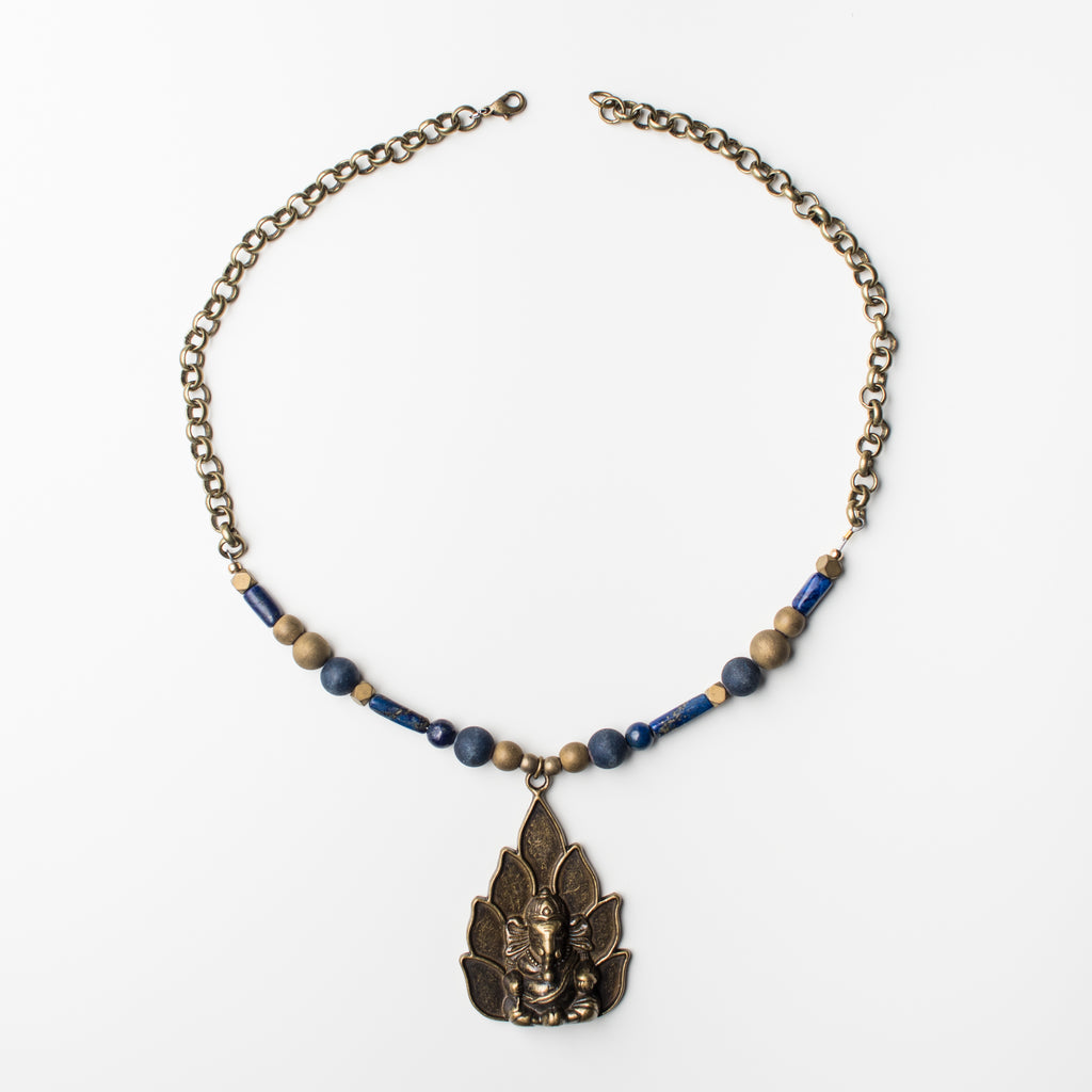 Brass Ganesha Elephant Pendant Necklace with Blue Lapis Gemstone in Short Style with Brass Extender for Long Style