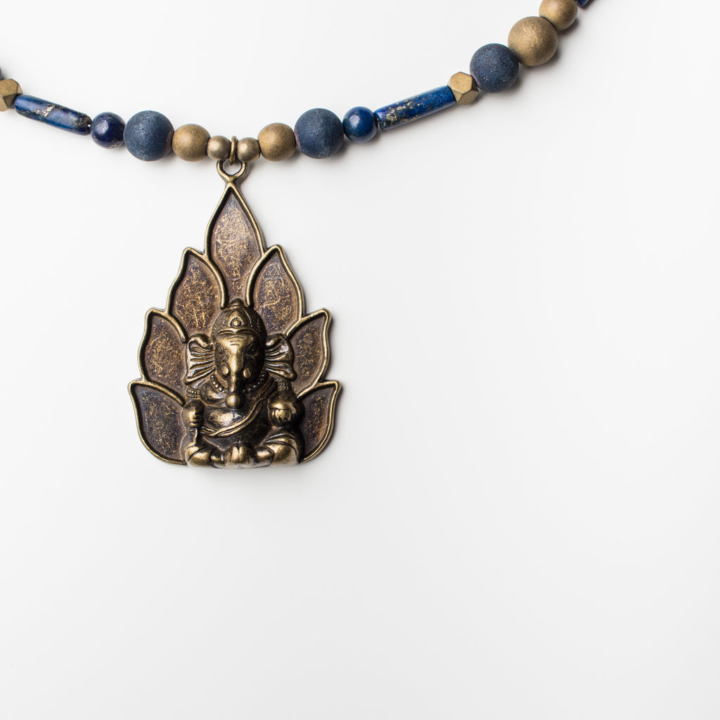 Brass Ganesha Elephant Pendant Necklace with Blue Lapis Gemstone in Short Style with Brass Extender for Long Style