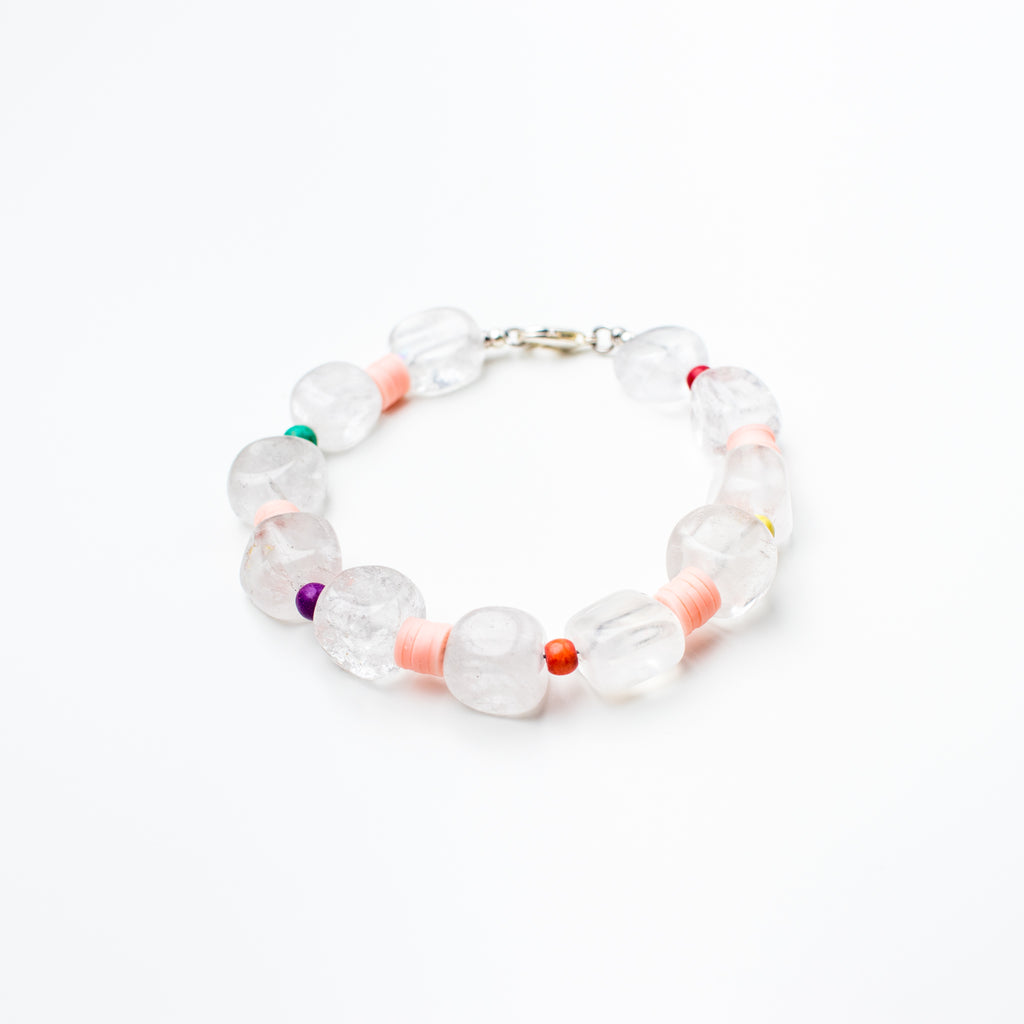 Silver Bracelet with Pink Polymer Clay, Coloured Magnesite and Milky/Clear Quartz Gemstone in Clasp Style