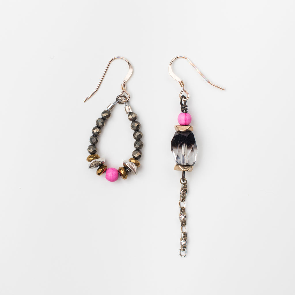 Gold Earrings with Bright Pink Magnesite, Pyrite and Smoky Quartz Gemstone in Mismatch Style