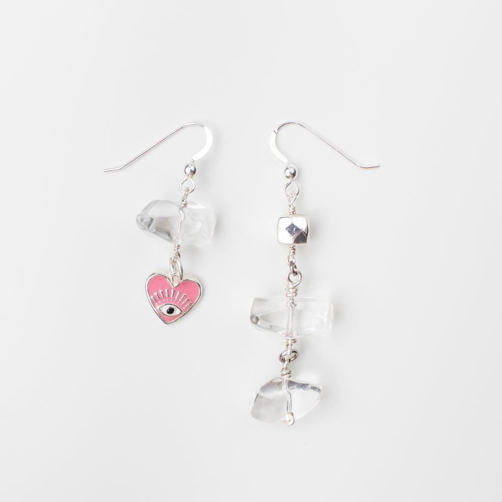 Silver Earrings with Pink Heart, Hematite and Clear Quartz Gemstone in Mismatch Style