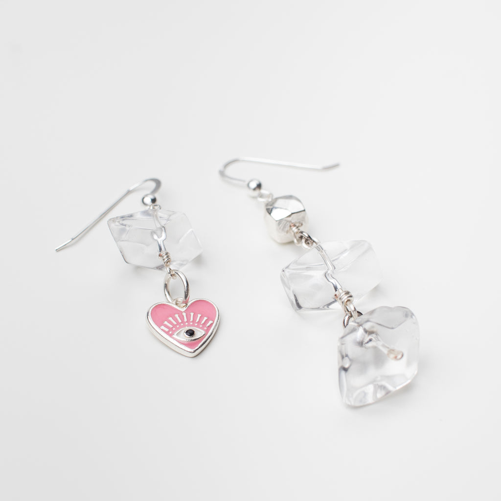 Silver Earrings with Pink Heart, Hematite and Clear Quartz Gemstone in Mismatch Style