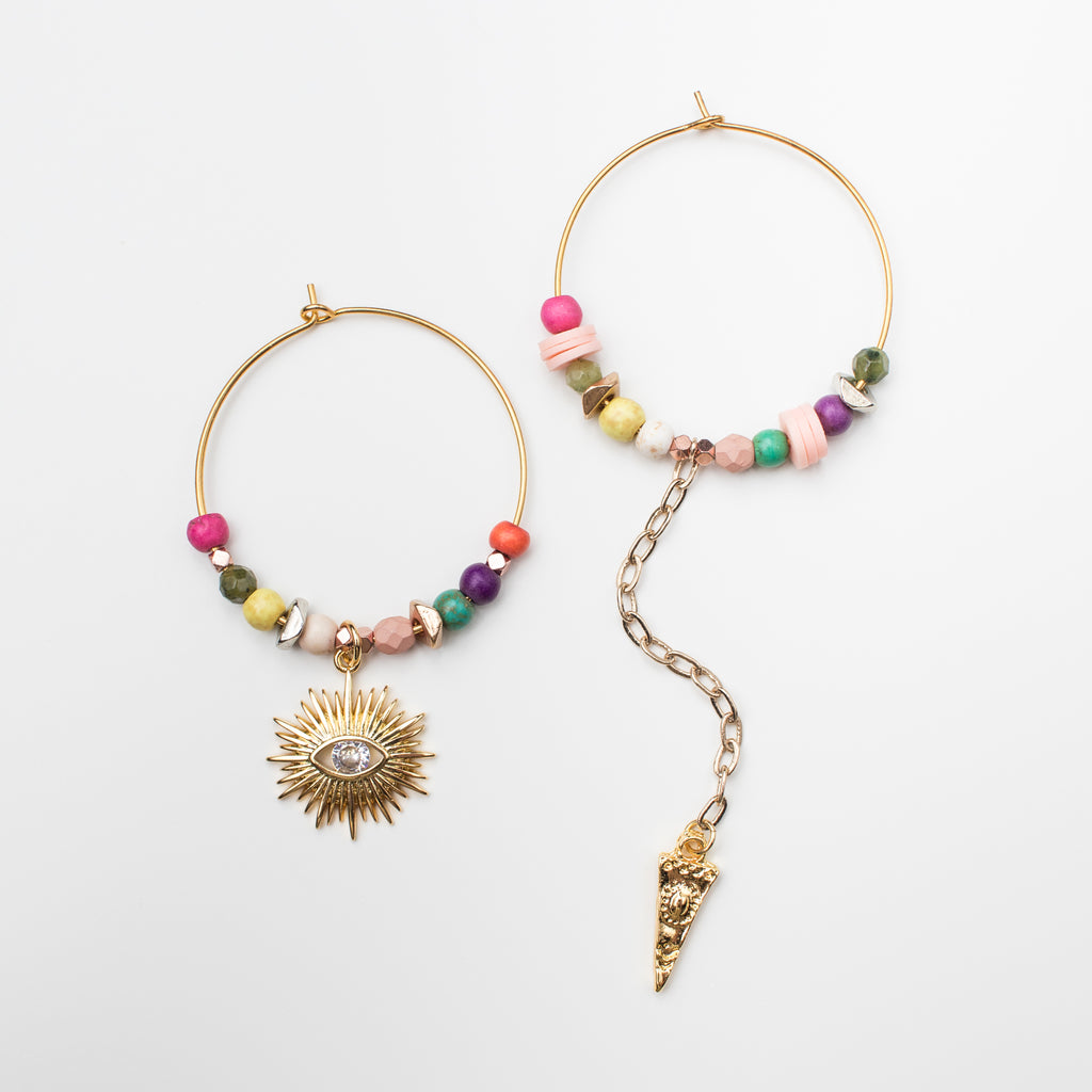 Gold Hoop Earrings with Sun and Coloured Gemstone in Mismatch Style