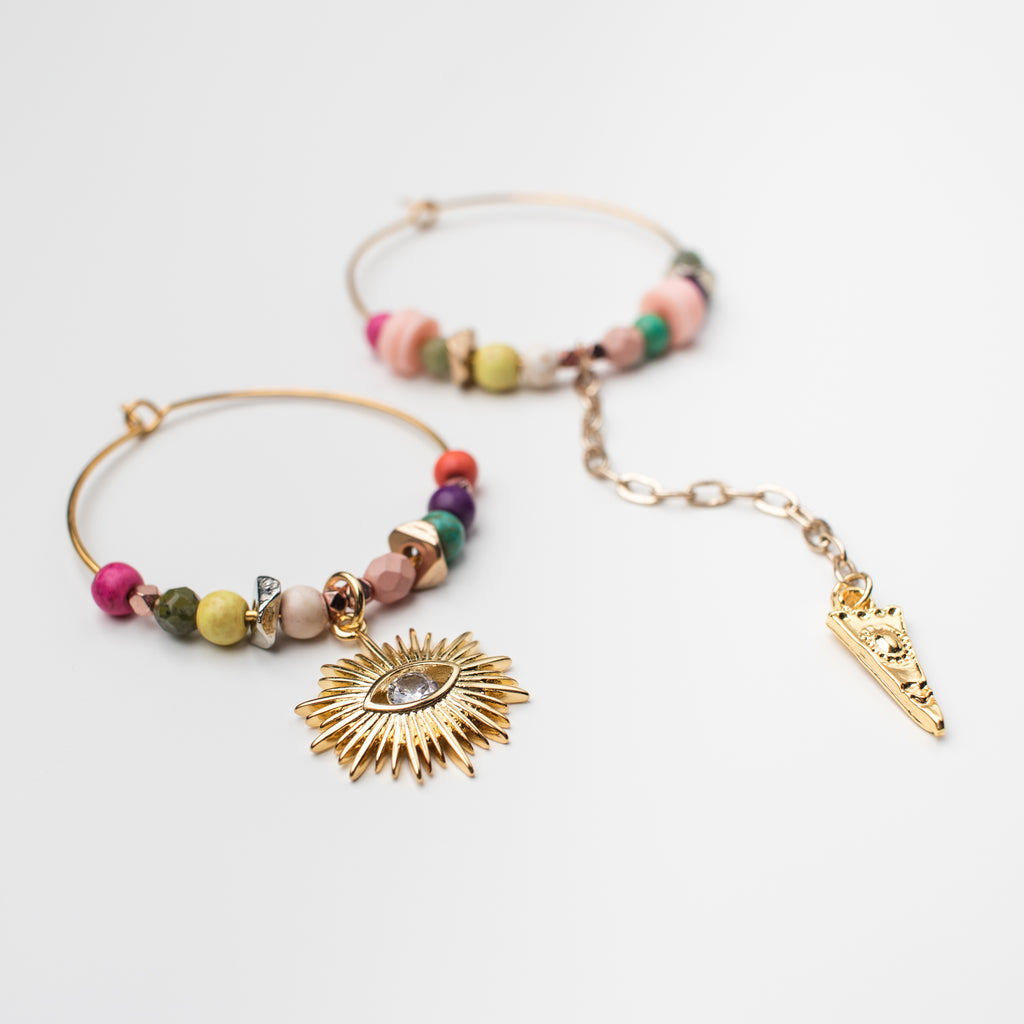 Gold Hoop Earrings with Sun and Coloured Gemstone in Mismatch Style