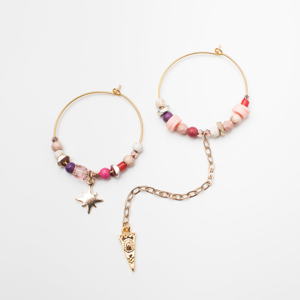 Gold Hoop Earrings with Northern Star and Coloured Gemstone in Mismatch Style