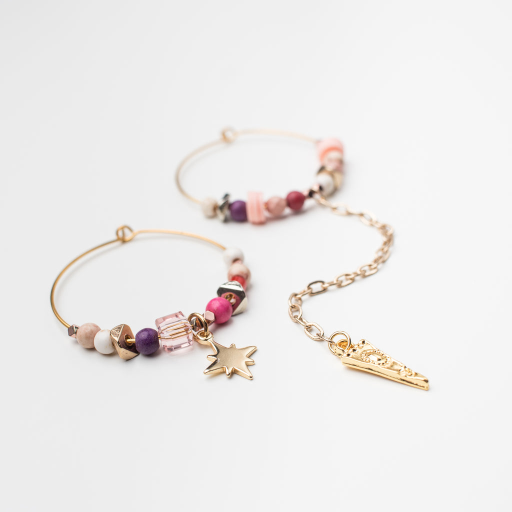 Gold Hoop Earrings with Northern Star and Coloured Gemstone in Mismatch Style