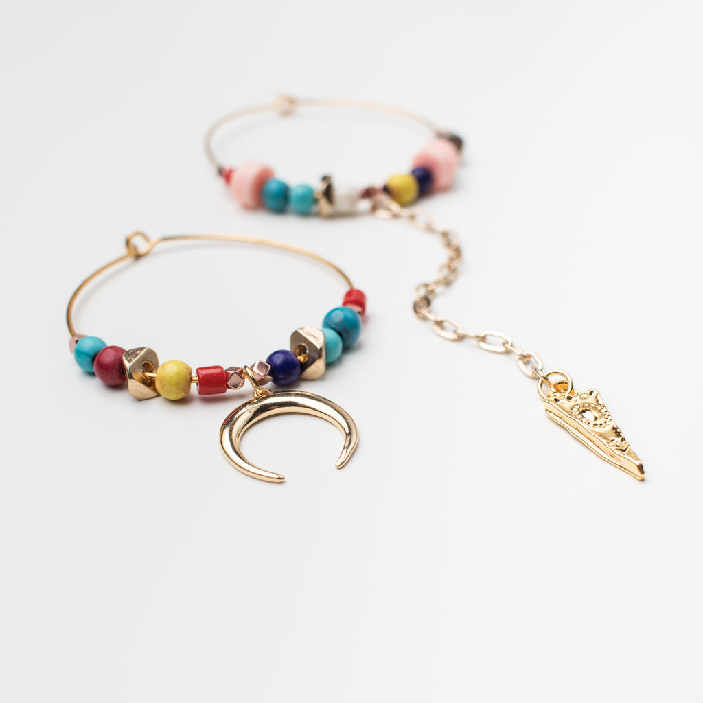 Gold Hoop Earrings with Moon and Coloured Gemstone in Mismatch Style