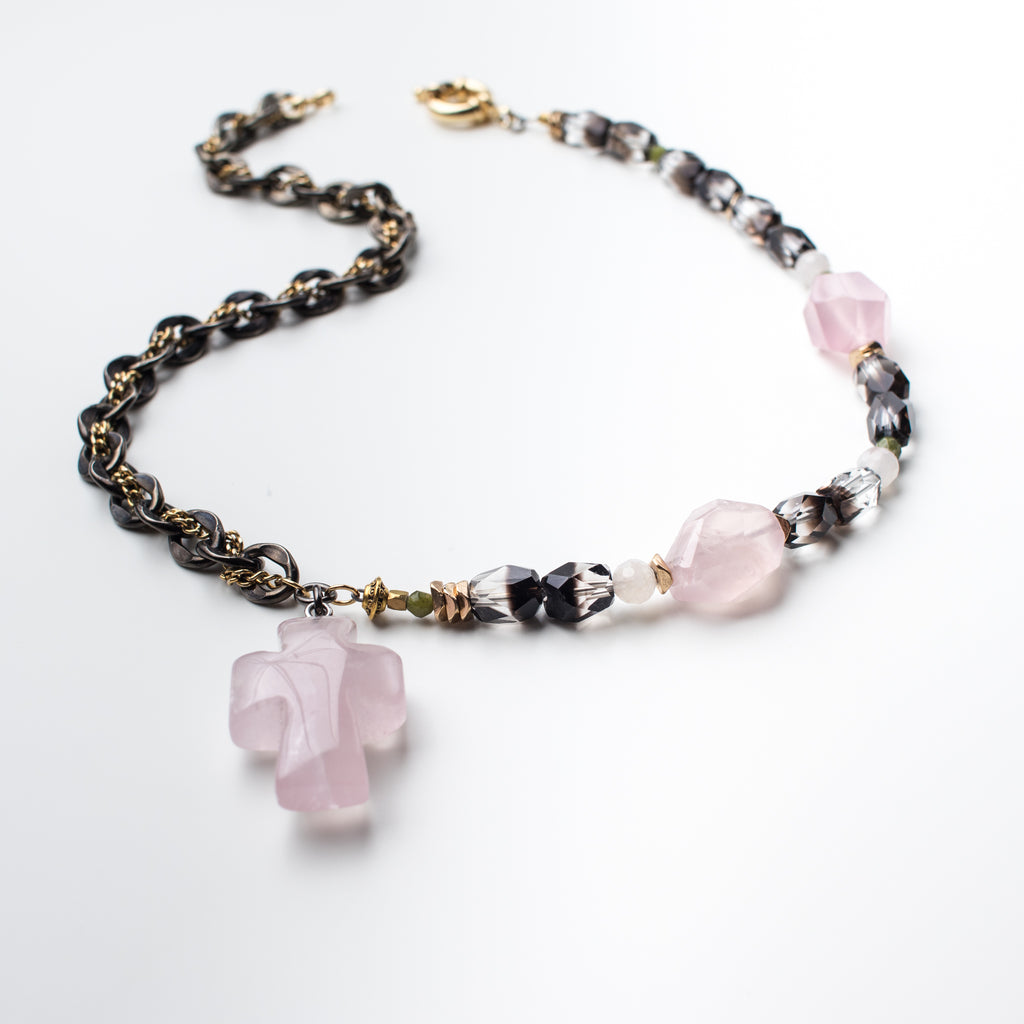 Gold Necklace with Pink Rose Quartz Cross Pendant, Smoky Quartz and Green Suri Jade Gemstone in Short Style