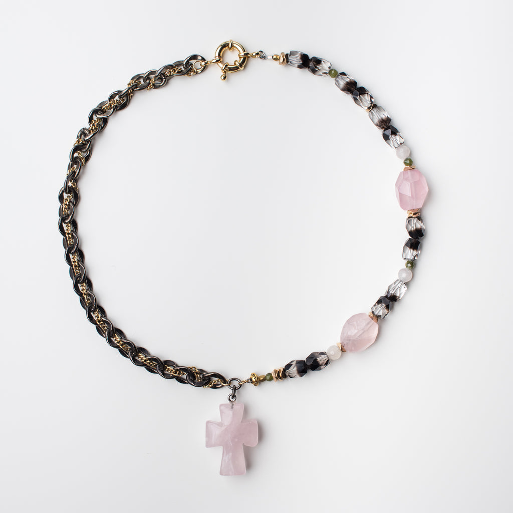Gold Necklace with Pink Rose Quartz Cross Pendant, Smoky Quartz and Green Suri Jade Gemstone in Short Style
