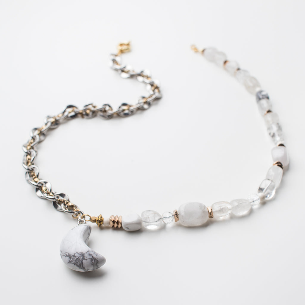 Gold and Silver Necklace with White Howlite Moon Pendant, Clear and Milky Quartz Gemstone in Short Style