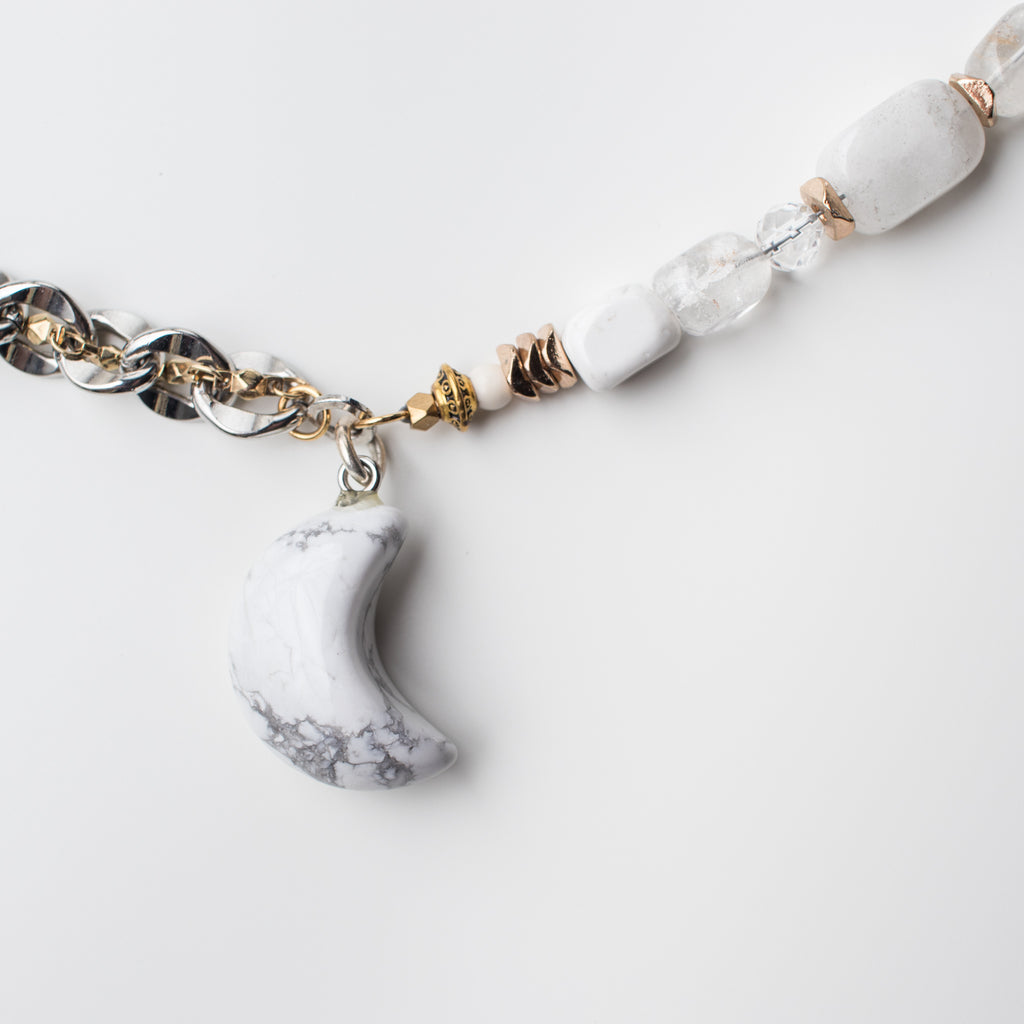 Gold and Silver Necklace with White Howlite Moon Pendant, Clear and Milky Quartz Gemstone in Short Style