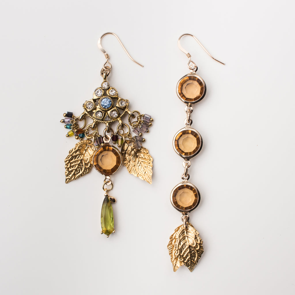 Gold Chandelier Earrings with amber and green crystal in a Mismatch upcycle Style