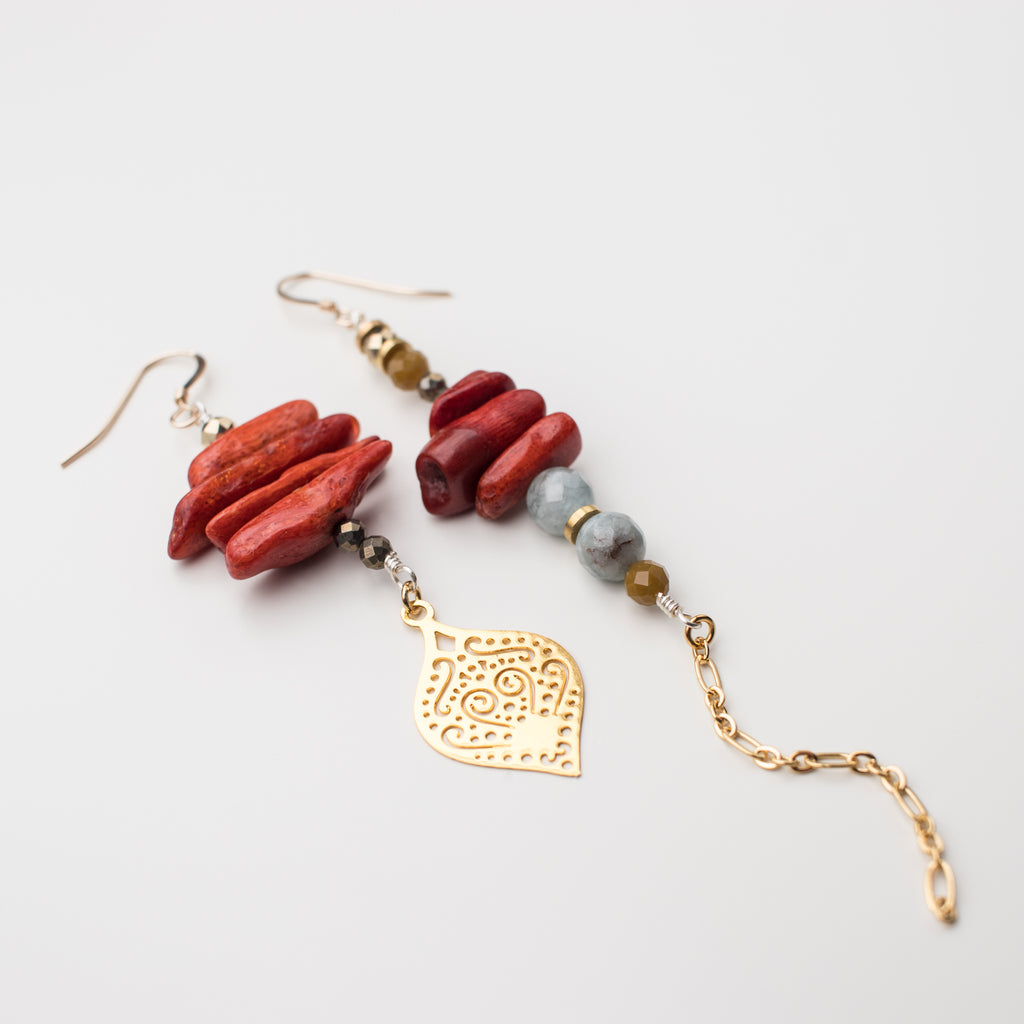 Gold Earrings with motif, red coral and morganite Gemstone in Mismatch Style