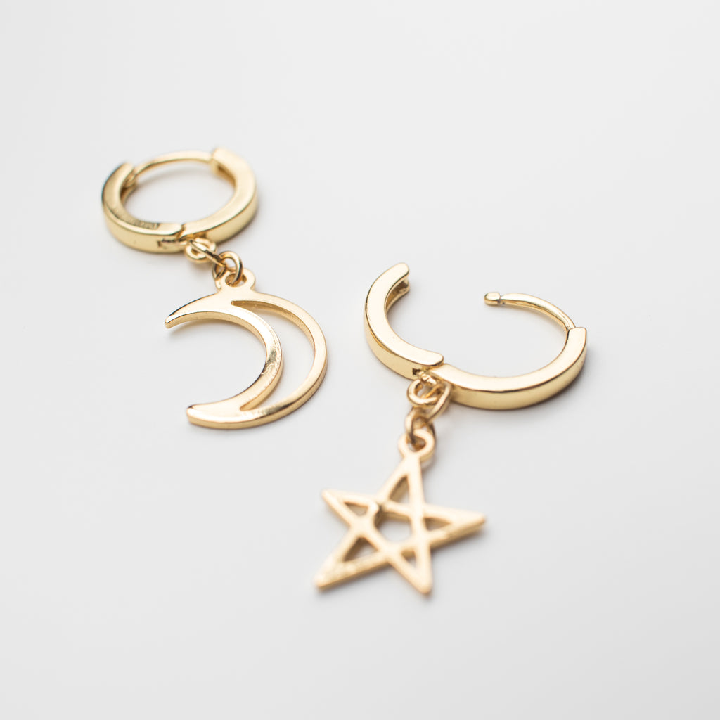 Gold Star and moon hoop earring in the mismatch  huggie style