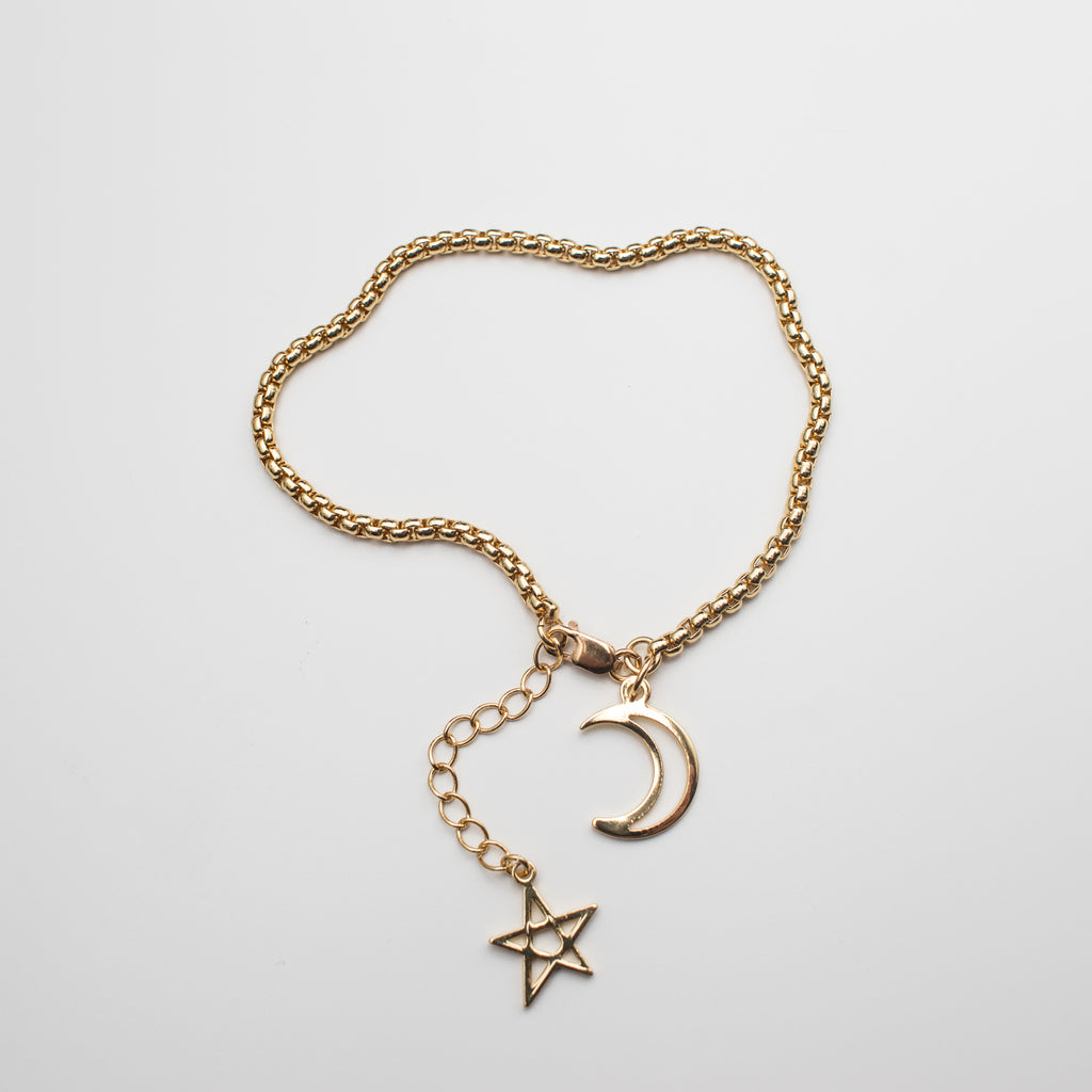 Gold star and moon charm bracelet lobster clasp style