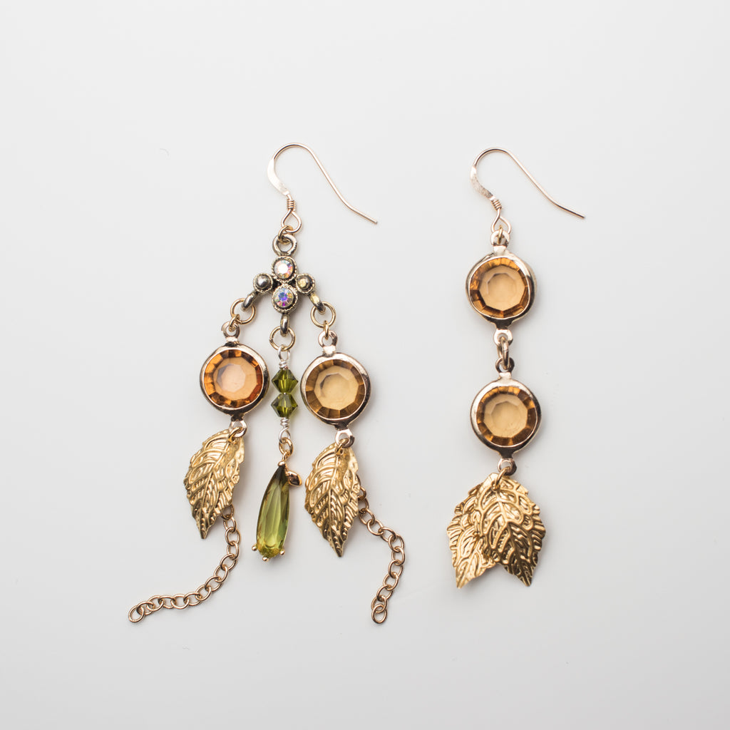 Gold Chandelier Earrings with amber, leaves and green crystal in a Mismatch upcycle Style