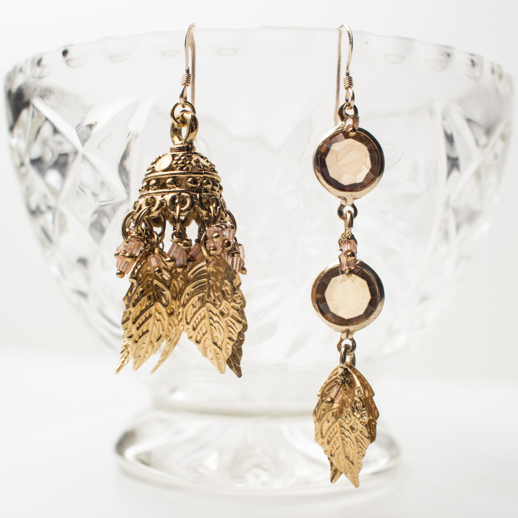 Gold Chandelier Earrings with amber, golden leaves and blush charms in a Mismatch upcycle Style