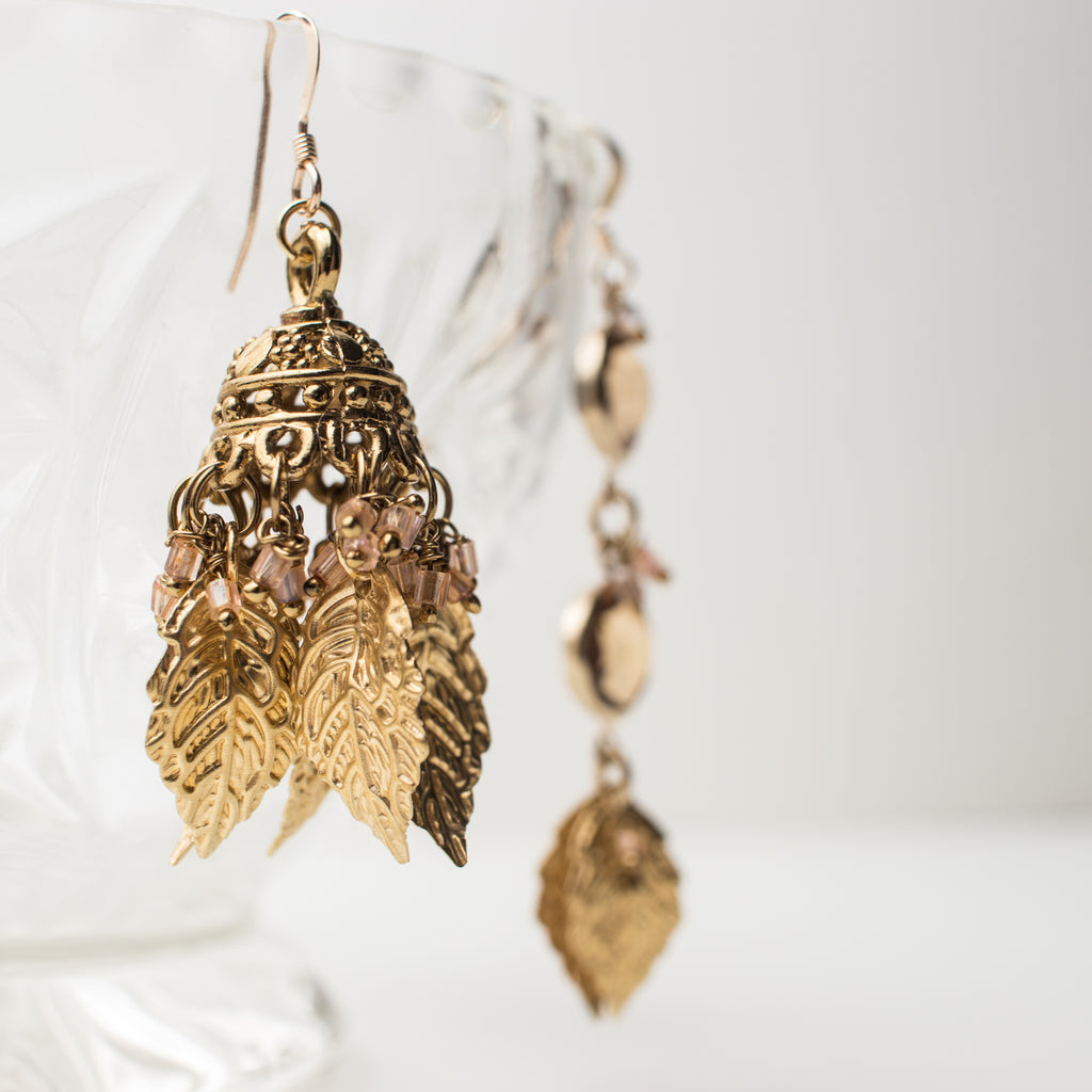 Gold Chandelier Earrings with amber, golden leaves and blush charms in a Mismatch upcycle Style