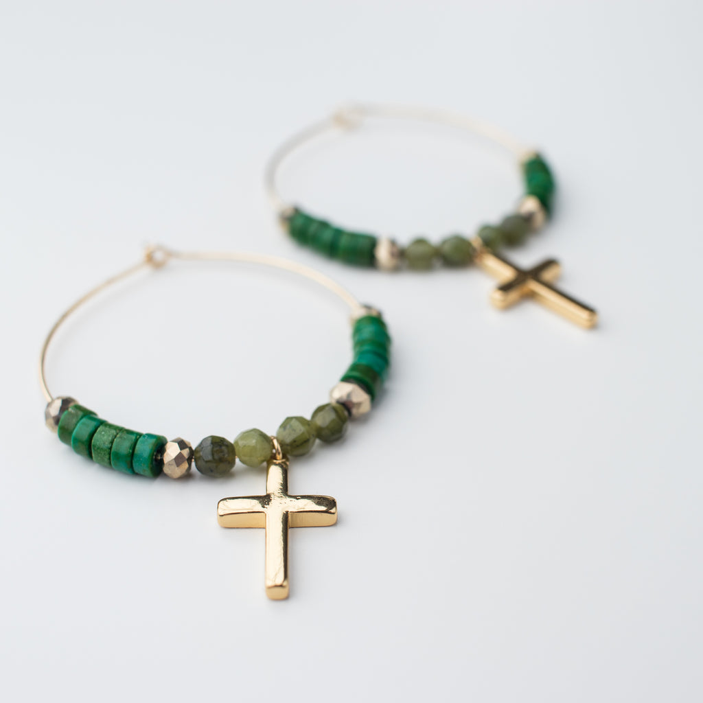 Gold Hoop Earrings with Cross and green jade Gemstone in Matching Style
