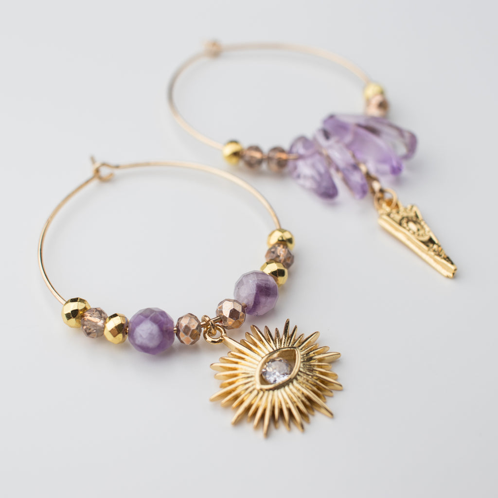 Gold and Purple Amethyst Gemstone hoop earrings in a mismatch style
