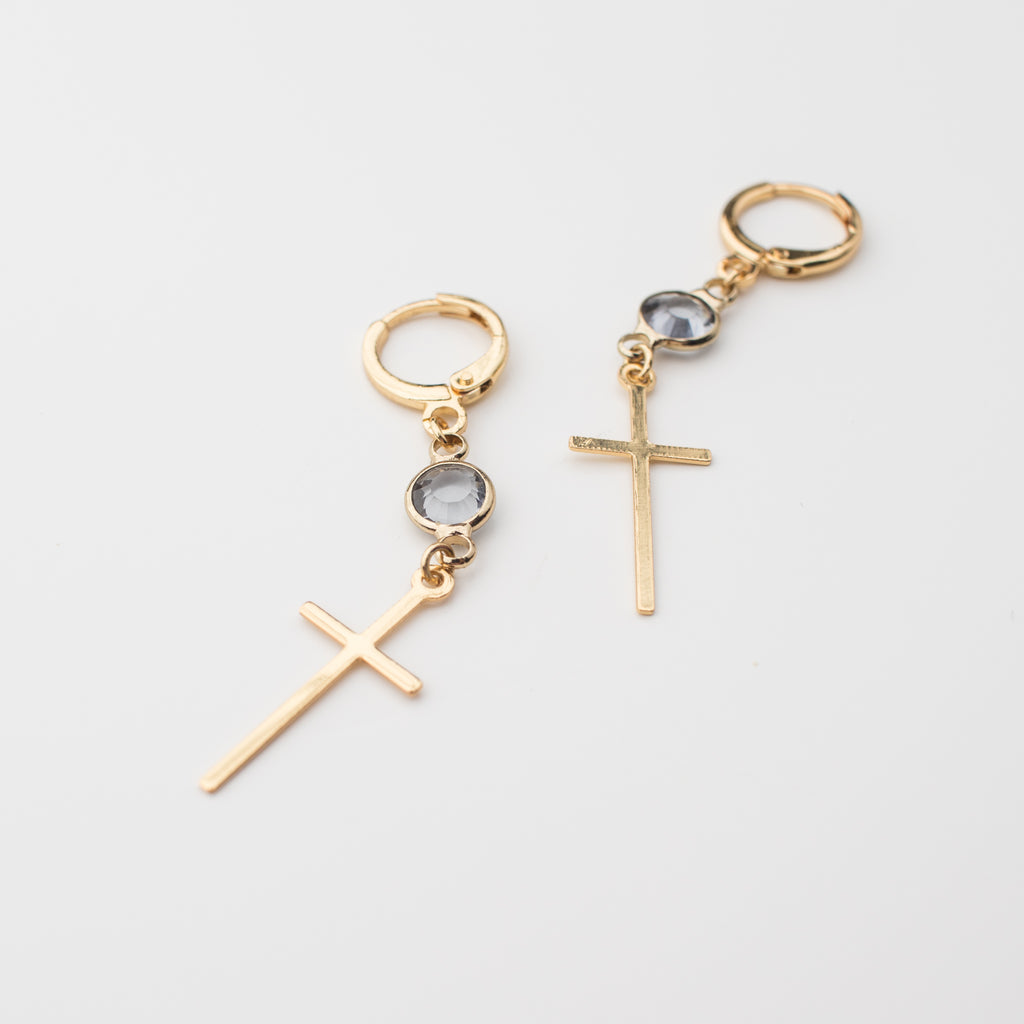Gold Filled cross matching earrings with light blue crystals.