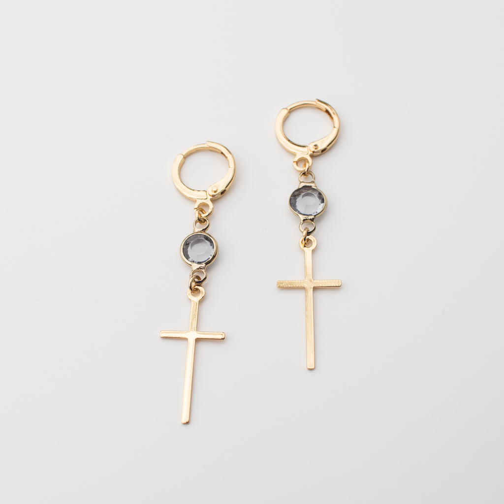 Gold Filled cross matching earrings with light blue crystals.