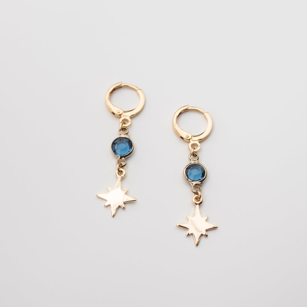 Gold Filled northern star matching earrings with sapphire crystal. 