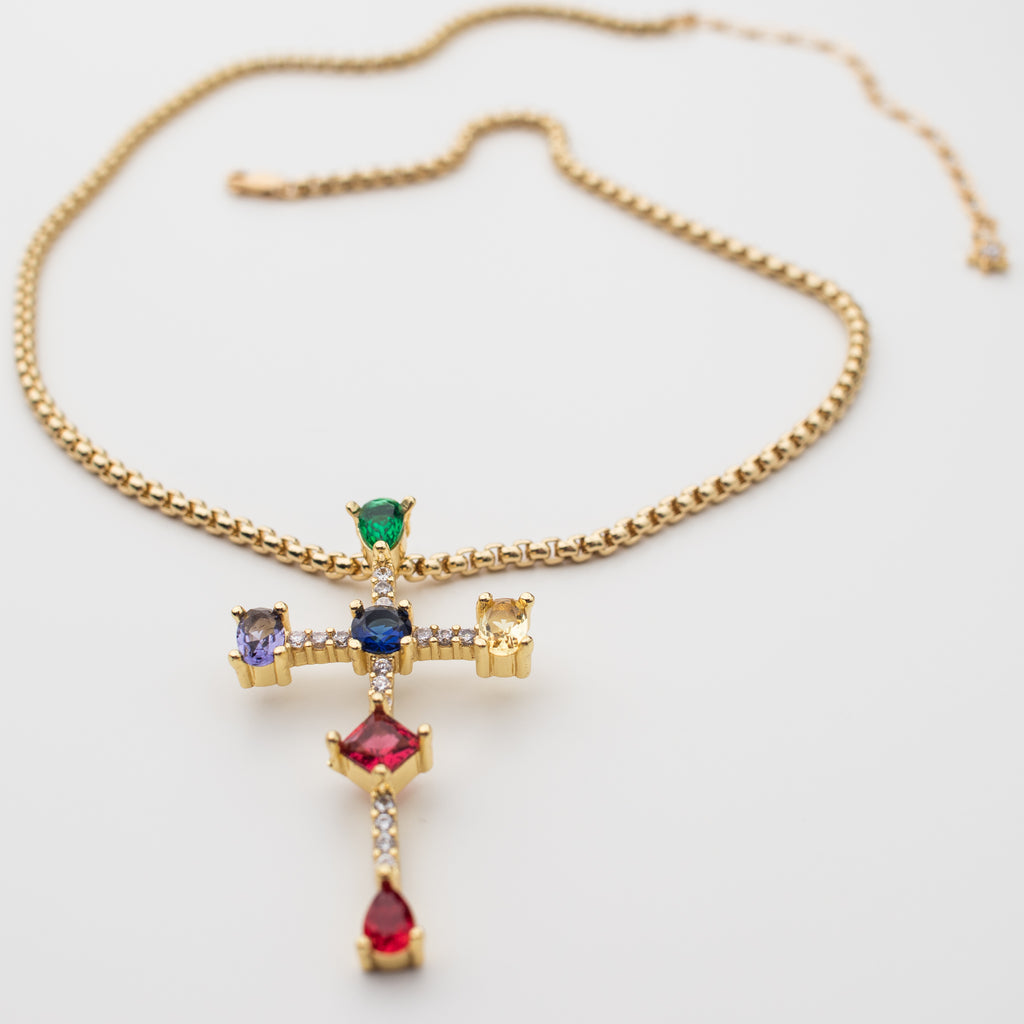 Jewelled Crusted Gold Cross Necklace