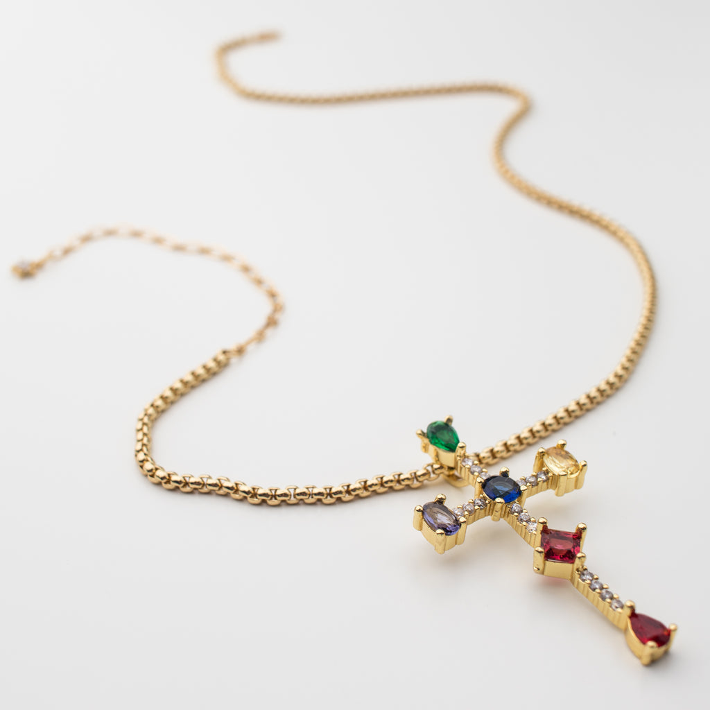 Jewelled Crusted Gold Cross Necklace