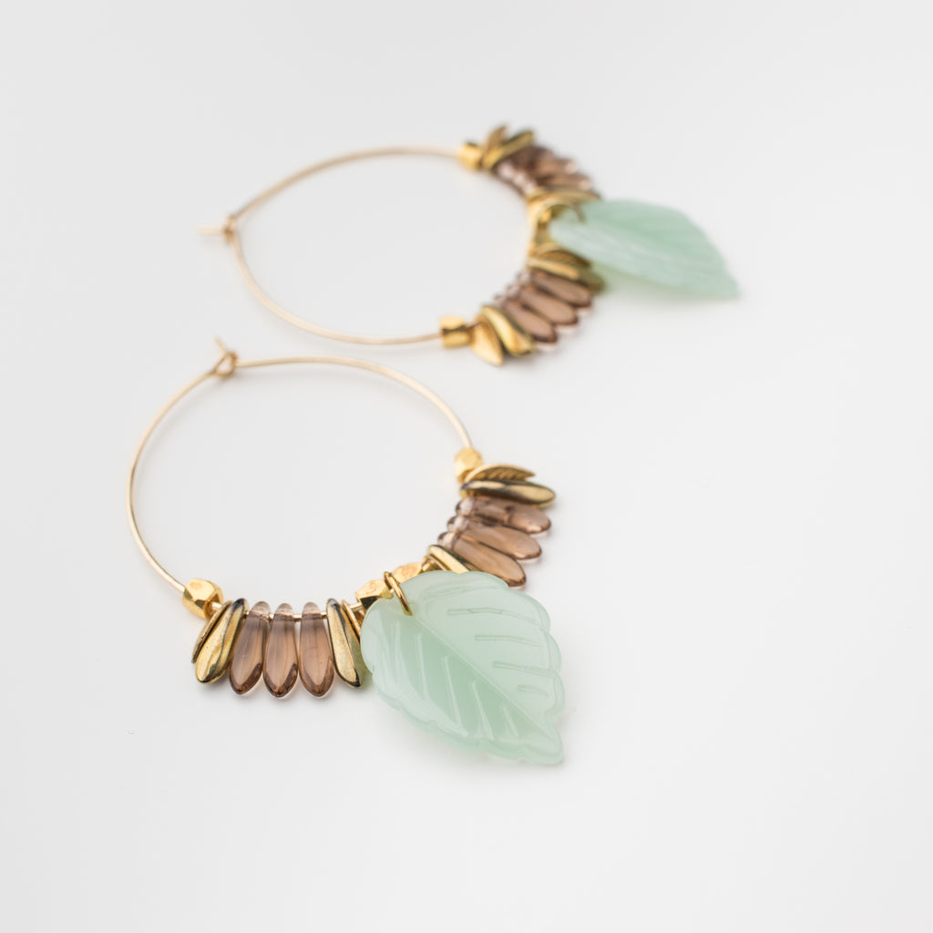Milky Green Glass leaf with gold and topaz shards on a gold plated hoop, matching earring style.