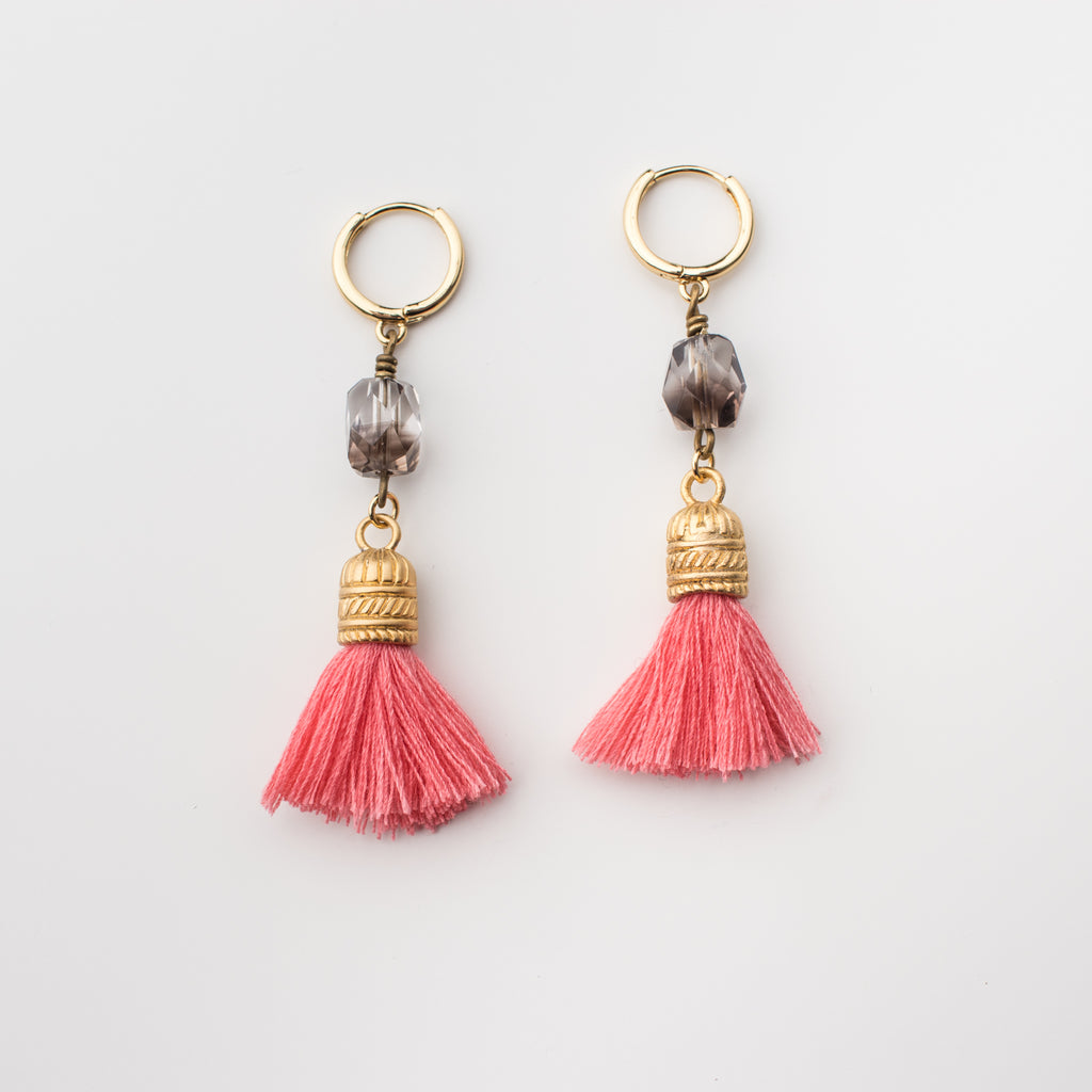 Bright pink tassel with a sparkly crystal quartz  on a mini hoop, matching style earrings. 