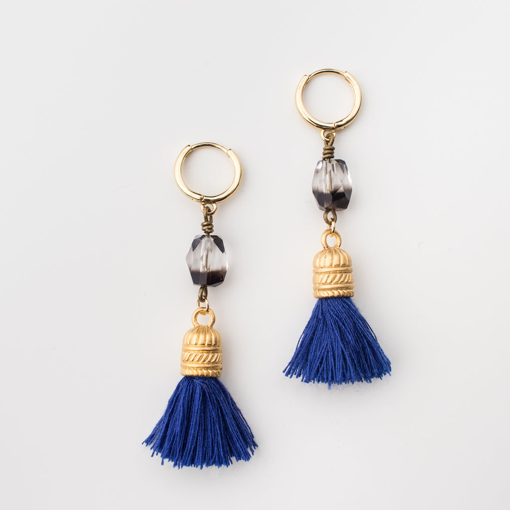 Cobalt blue tassel with a sparkly crystal quartz  on a mini hoop, matching style earrings. 