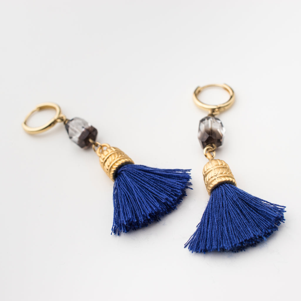 Cobalt blue tassel with a sparkly crystal quartz  on a mini hoop, matching style earrings. 
