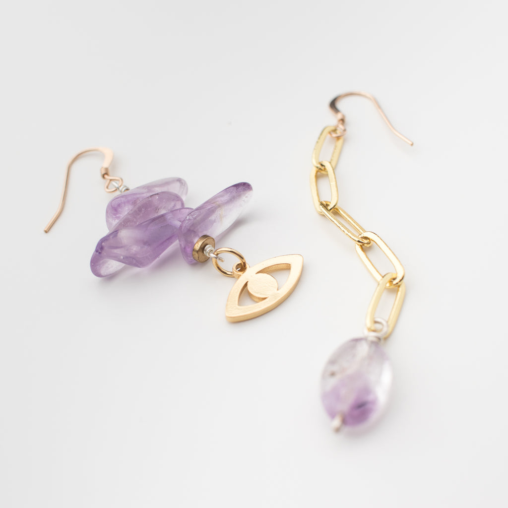 Gold Earrings with Eye Charm and Purple Amethyst Gemstone Mismatch amuletta amulet amulette style jewelry jewellery, handmade bespoke bohemian boho quality.