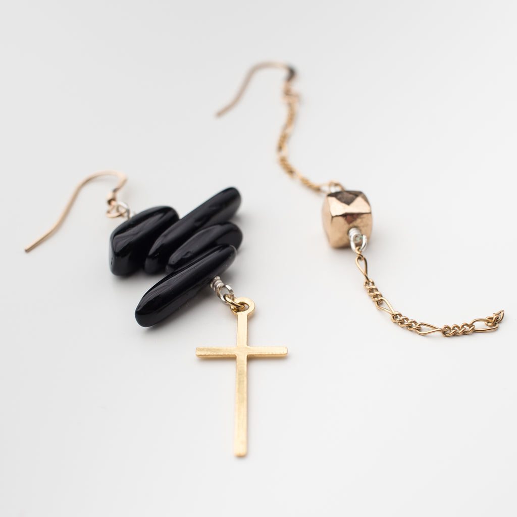 Gold Earrings with Cross, Hematite and Black Onyx Gemstone in Mismatch Style